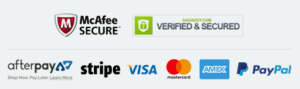 mcafee secure - godaddy verified - afterpay - stripe - visa - mastercard - amex